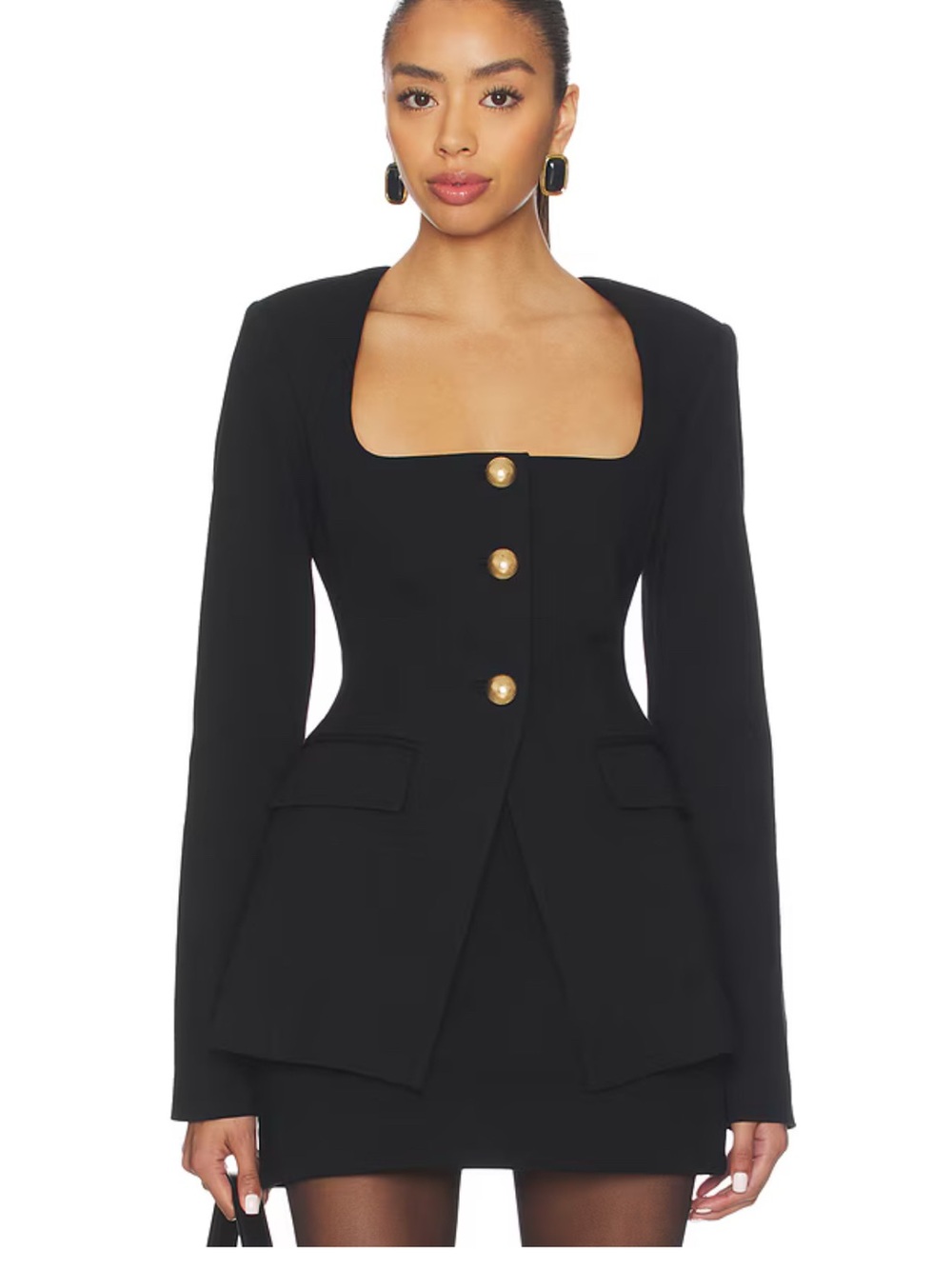 NWT Good American | Black Square-Neck Blazer with Gold Buttons